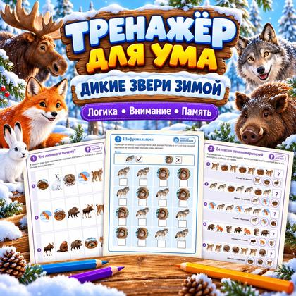 ТРЕНАЖЁР ДЛЯ УМА ДИКИЕ ЗВЕРИ ЗИМОЙ — зима, дикие животные, внимание — для детского сада — Играй и Развивайся