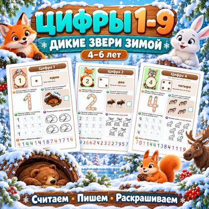 ЦИФРЫ 1–9 ДИКИЕ ЗВЕРИ ЗИМОЙ — зима, дикие животные, цифры — для детского сада — Играй и Развивайся