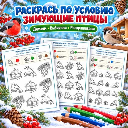 РАСКРАСЬ ПО УСЛОВИЮ ЗИМУЮЩИЕ ПТИЦЫ — зима, зимующие птицы, птицы — для детского сада — Играй и Развивайся
