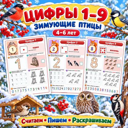 ЦИФРЫ 1–9 ЗИМУЮЩИЕ ПТИЦЫ — зима, зимующие птицы, птицы — для детского сада — Играй и Развивайся