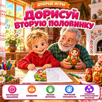 ДОРИСУЙ ВТОРУЮ ПОЛОВИНКУ У БАБУШКИ — 4-5 лет, 5-7 лет, бабушки и дедушки — для детского сада — Играй и Развивайся