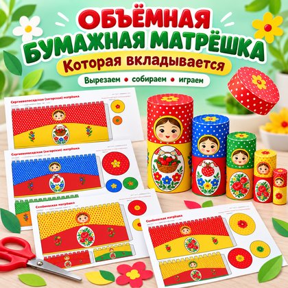 ОБЪЁМНАЯ БУМАЖНАЯ МАТРЁШКА КОТОРАЯ ВКЛАДЫВАЕТСЯ — матрешка, народные промыслы, 4-5 лет — для детского сада — Играй и Разви...
